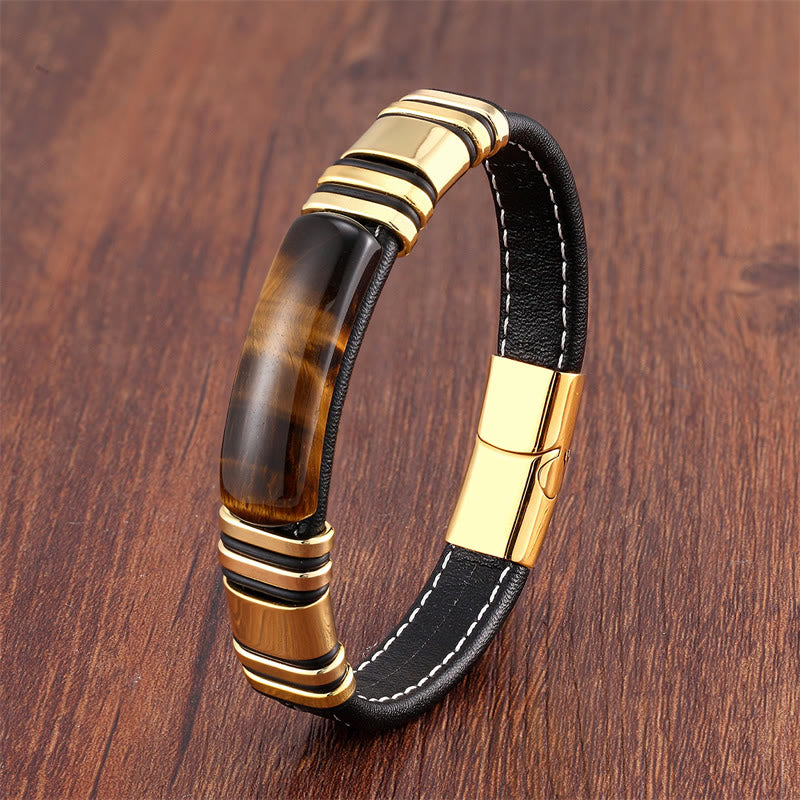 Bracelet en cuir avec boucle en pierre œil de tigre et Buddha Stones - Œil de tigre-Or - 18-22 cm - image 3