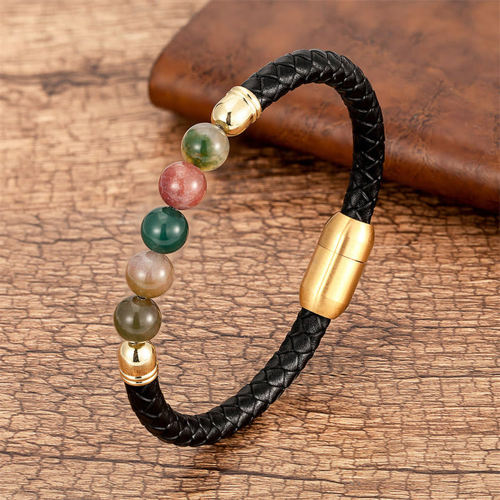Bracelet en cuir de protection avec Buddha Stones, agate bleue, œil de tigre, pierre de lave, onyx noir, lazurite - Agate - 18-22 cm - image 1