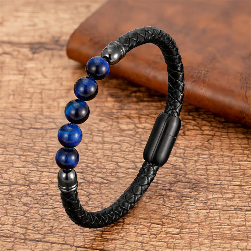 Bracelet en cuir de protection avec Buddha Stones, agate bleue, œil de tigre, pierre de lave, onyx noir, lazurite - Œil de tigre bleu - 18-22 cm - image 5