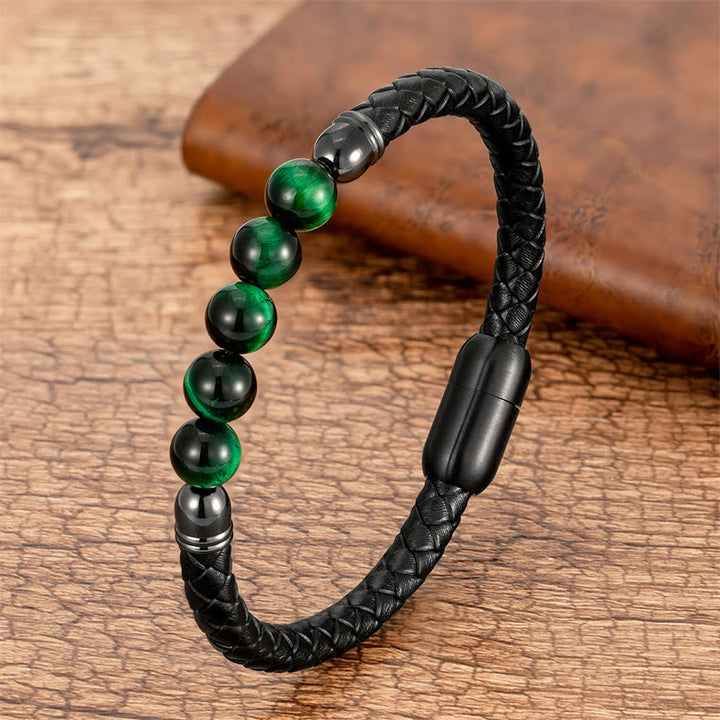 Bracelet en cuir de protection avec Buddha Stones, agate bleue, œil de tigre, pierre de lave, onyx noir, lazurite - Œil de tigre vert - 18-22 cm - image 10