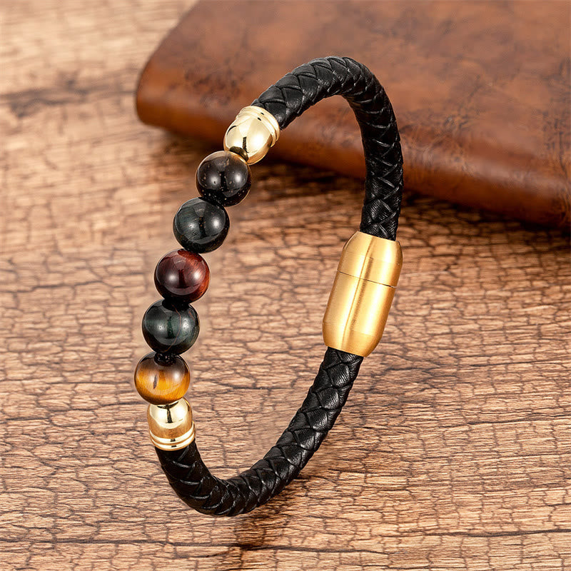 Bracelet en cuir de protection avec Buddha Stones, agate bleue, œil de tigre, pierre de lave, onyx noir, lazurite - Œil de tigre rouge et noir - 18-22 cm - image 22