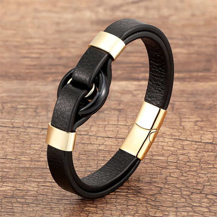 Bracelet en cuir avec boucle magnétique et Buddha Stones rondes, aventurine verte, onyx noir, hématite, agate, quartz rose - Onyx noir-or - 18-22 cm - image 4