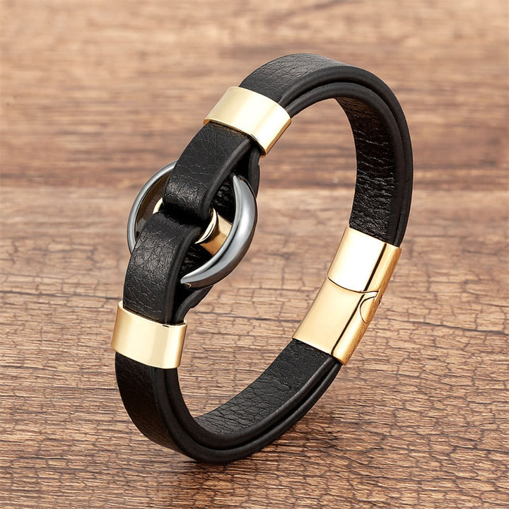 Bracelet en cuir avec boucle magnétique et Buddha Stones rondes, aventurine verte, onyx noir, hématite, agate, quartz rose - Hématite-Or - 18-22 cm - image 6