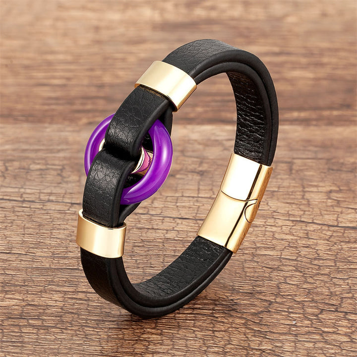 Bracelet en cuir avec boucle magnétique et Buddha Stones rondes, aventurine verte, onyx noir, hématite, agate, quartz rose - Agate violette-or - 18-22 cm - image 9