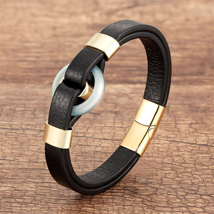 Bracelet en cuir avec boucle magnétique et Buddha Stones rondes, aventurine verte, onyx noir, hématite, agate, quartz rose - Agate-Or - 18-22 cm - image 8