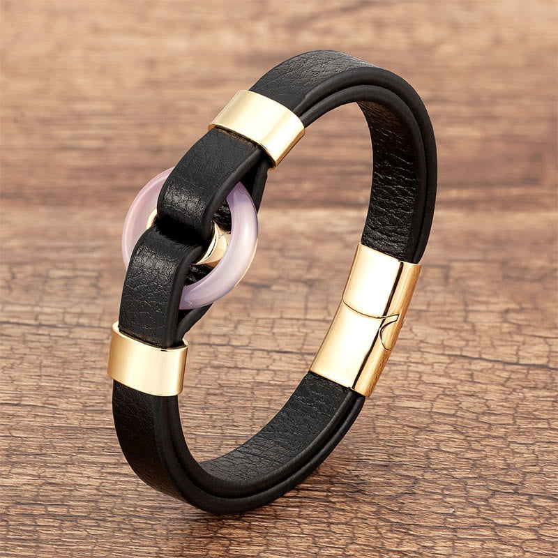 Bracelet en cuir avec boucle magnétique et Buddha Stones rondes, aventurine verte, onyx noir, hématite, agate, quartz rose - Quartz rose-or - 18-22 cm - image 11