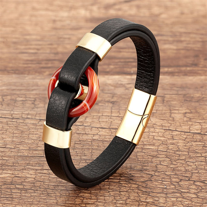 Bracelet en cuir avec boucle magnétique et Buddha Stones rondes, aventurine verte, onyx noir, hématite, agate, quartz rose - Agate rouge-or - 18-22 cm - image 15