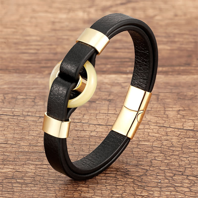 Bracelet en cuir avec boucle magnétique et Buddha Stones rondes, aventurine verte, onyx noir, hématite, agate, quartz rose - Topaze-Or - 18-22 cm - image 13