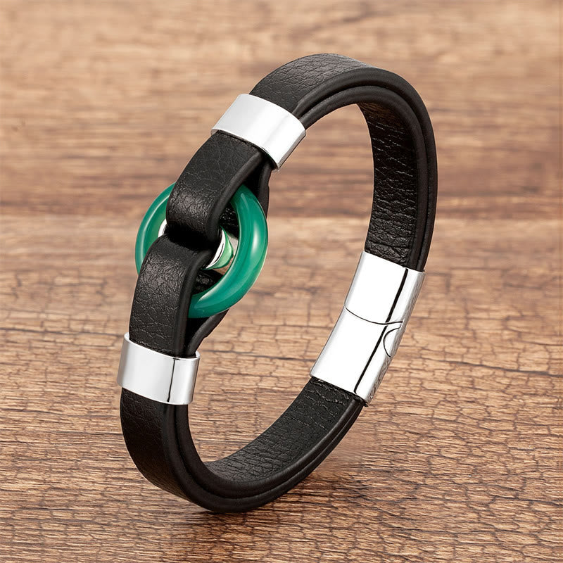 Bracelet en cuir avec boucle magnétique et Buddha Stones rondes, aventurine verte, onyx noir, hématite, agate, quartz rose - Aventurine verte-argent - 18-22 cm - image 18