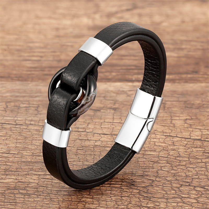 Bracelet en cuir avec boucle magnétique et Buddha Stones rondes, aventurine verte, onyx noir, hématite, agate, quartz rose - Agate-Argent - 18-22 cm - image 21