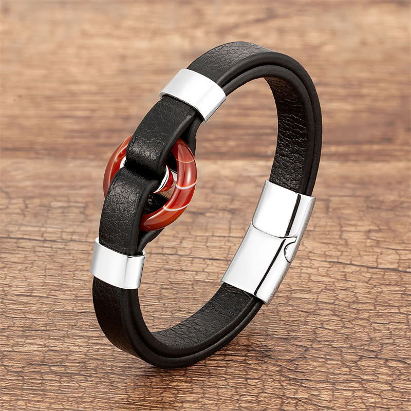 Bracelet en cuir avec boucle magnétique et Buddha Stones rondes, aventurine verte, onyx noir, hématite, agate, quartz rose - Agate rouge-argent - 18-22 cm - image 23