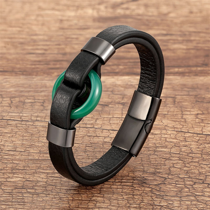 Bracelet en cuir avec boucle magnétique et Buddha Stones rondes, aventurine verte, onyx noir, hématite, agate, quartz rose - Aventurine verte-noire - 18-22 cm - image 27