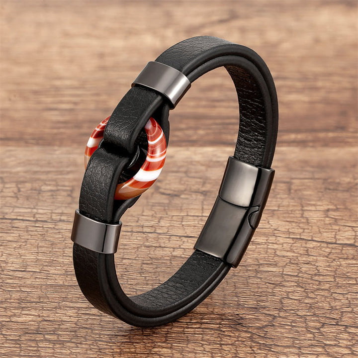 Bracelet en cuir avec boucle magnétique et Buddha Stones rondes, aventurine verte, onyx noir, hématite, agate, quartz rose - Agate rouge-noire - 18-22 cm - image 28