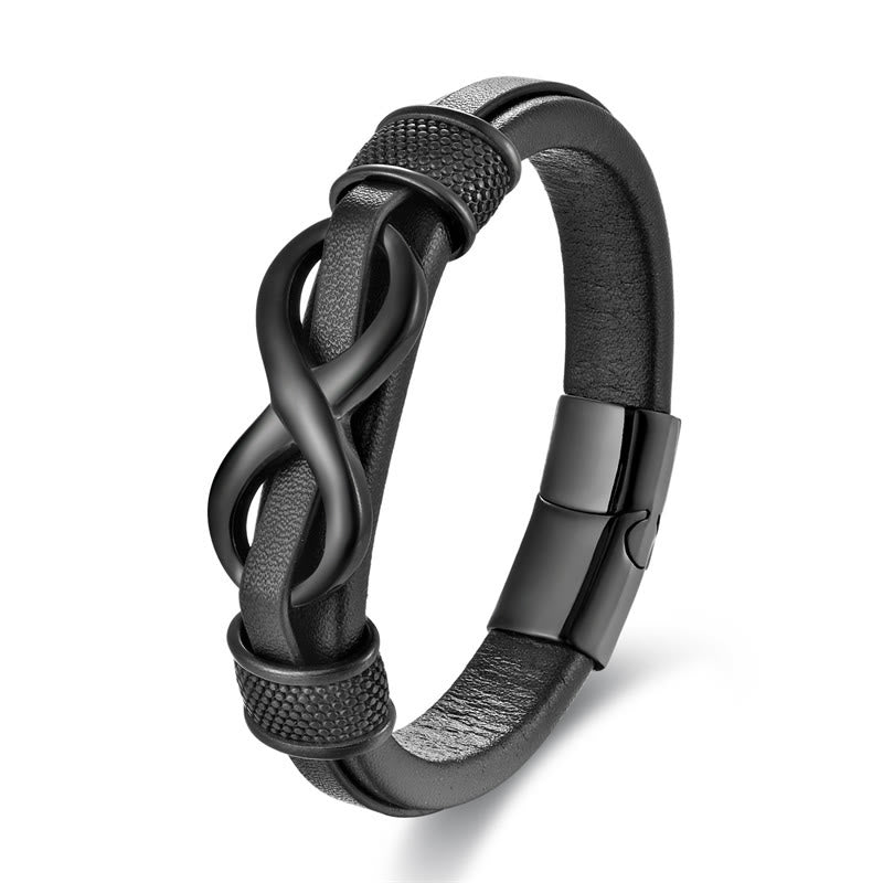 Bracelet à boucle en cuir avec équilibre en acier titane et Buddha Stones, symbole de l'infini et du nœud sans fin