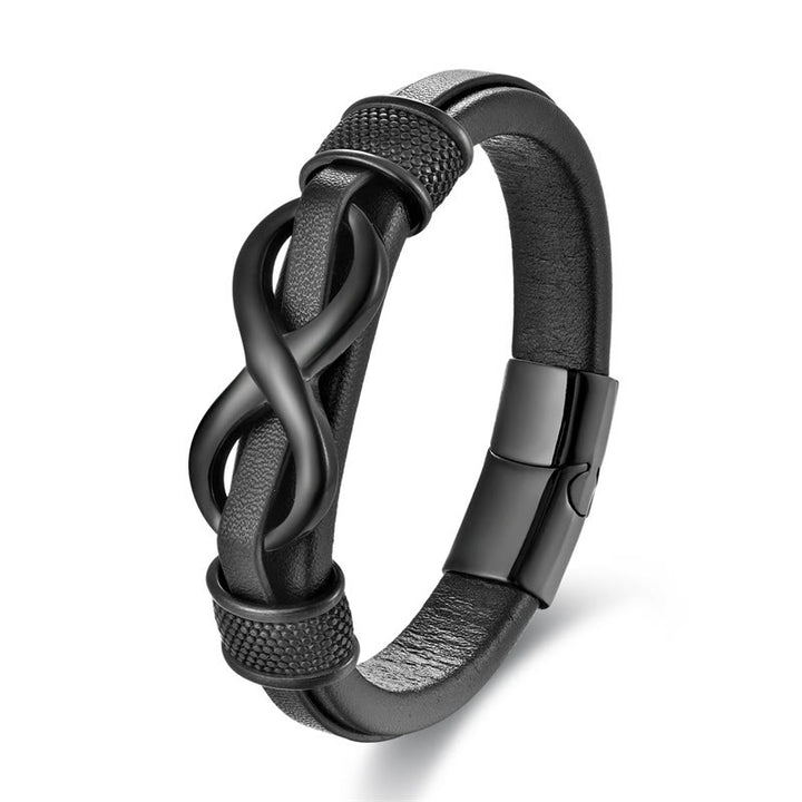 Bracelet à boucle en cuir avec équilibre en acier titane et Buddha Stones, symbole de l'infini et du nœud sans fin