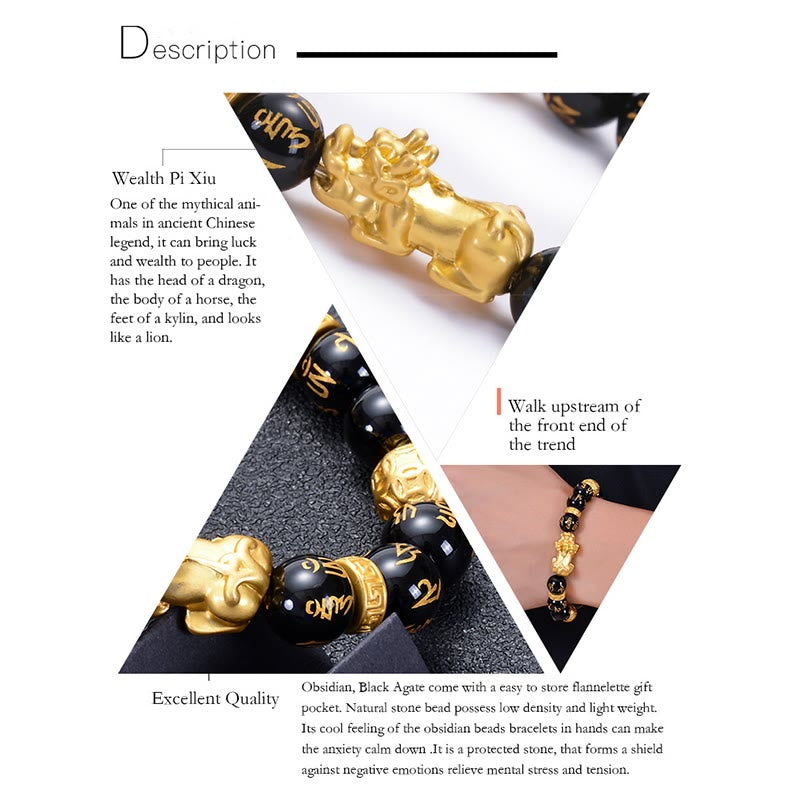 Bracelet de force PiXiu Om Mani Padme Hum en alliage d'obsidienne Buddha Stones et d'onyx noir