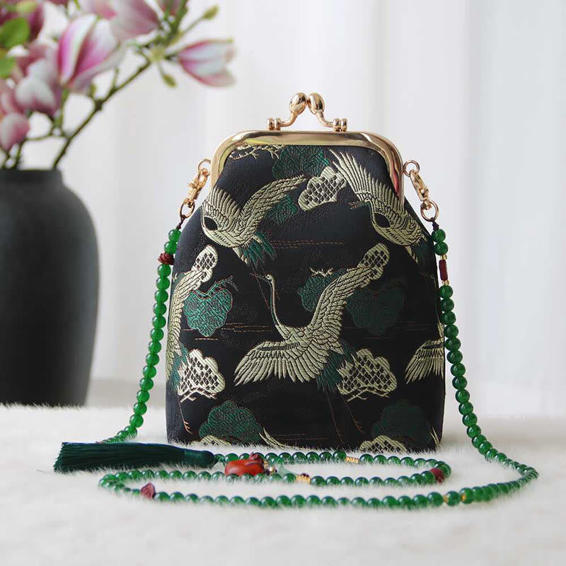 Sac à bandoulière rétro en perles brodées chinoises avec Buddha Stones - Grue noire 14*6*18cm - image 1