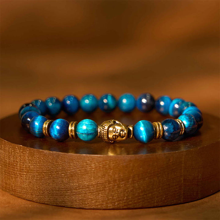 Bracelet d'équilibre tête de Bouddha œil de tigre bleu vert rouge Buddha Stones