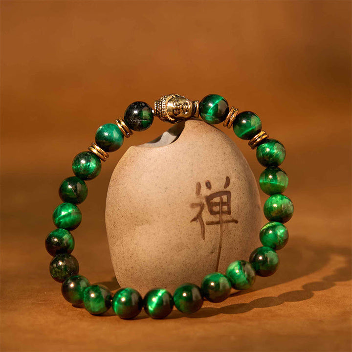 Bracelet d'équilibre tête de Bouddha œil de tigre bleu vert rouge Buddha Stones