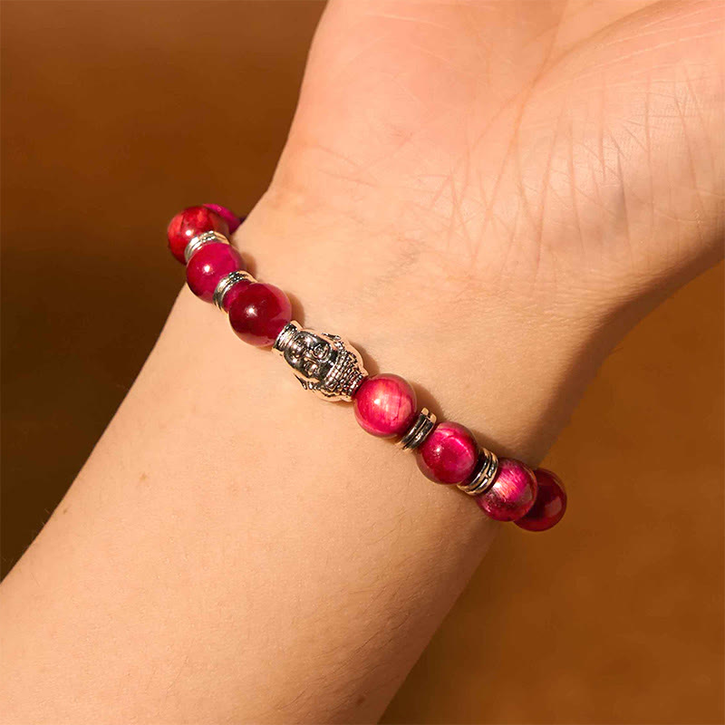 Bracelet d'équilibre tête de Bouddha œil de tigre bleu vert rouge Buddha Stones