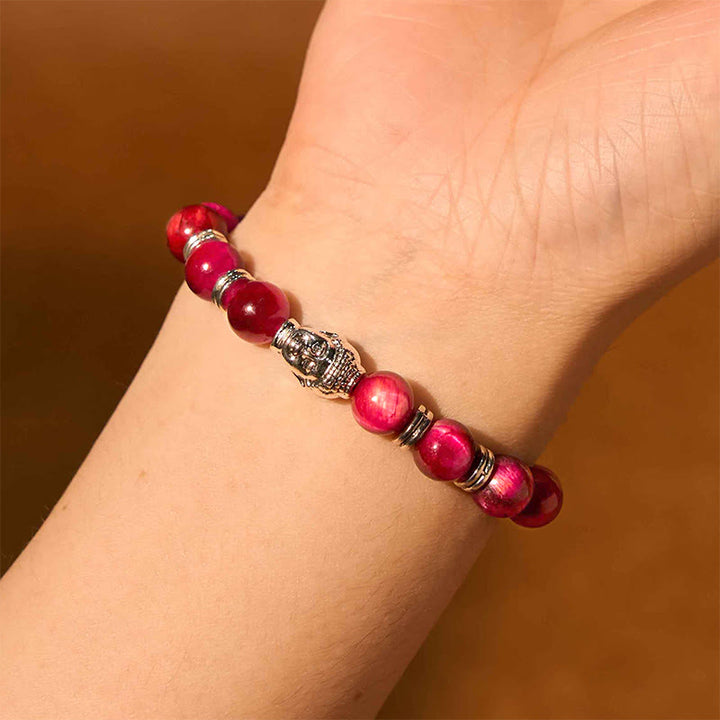Bracelet d'équilibre tête de Bouddha œil de tigre bleu vert rouge Buddha Stones