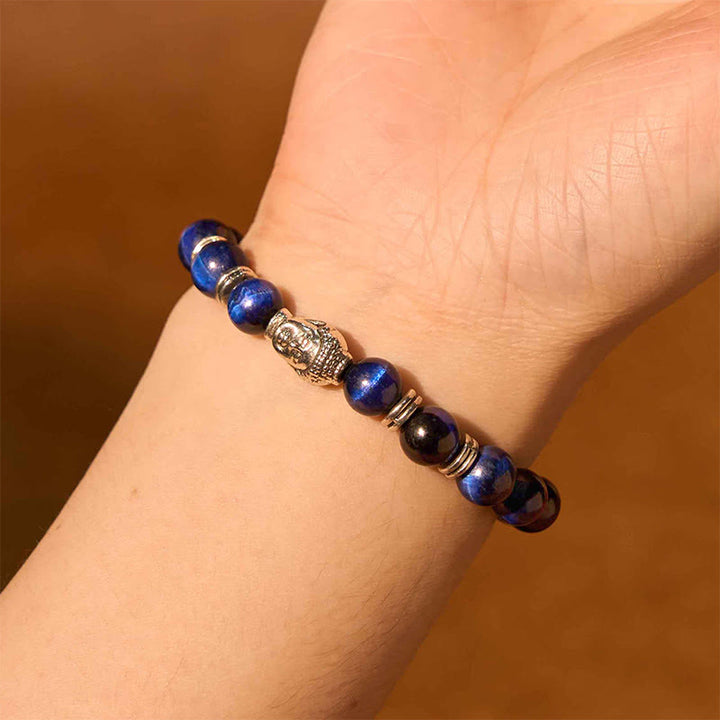 Bracelet d'équilibre tête de Bouddha œil de tigre bleu vert rouge Buddha Stones