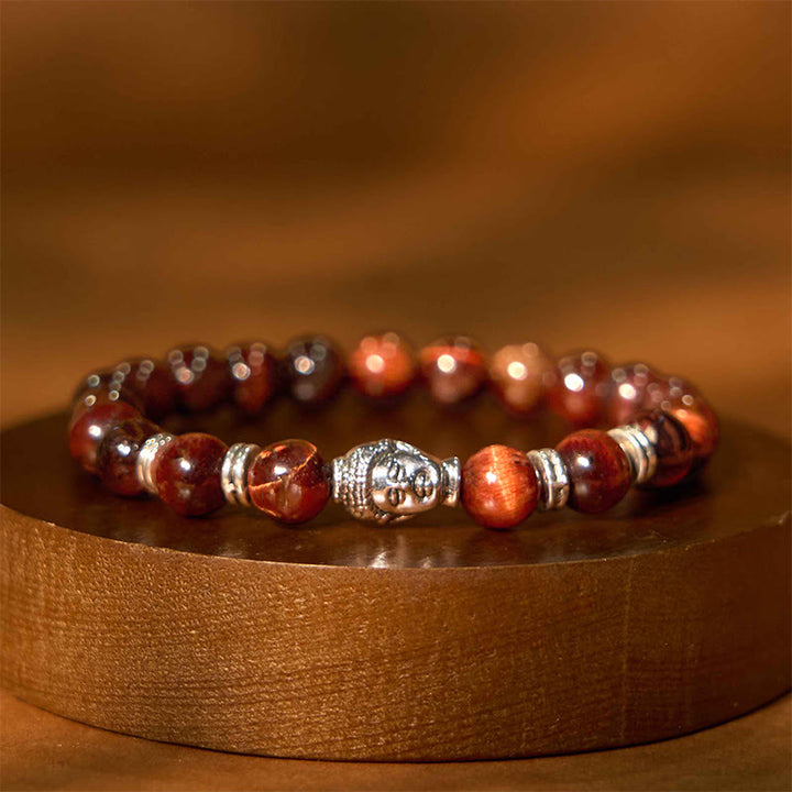 Bracelet d'équilibre tête de Bouddha œil de tigre bleu vert rouge Buddha Stones