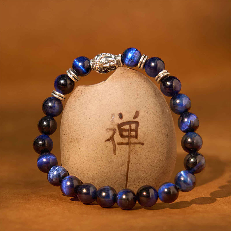 Bracelet d'équilibre tête de Bouddha œil de tigre bleu vert rouge Buddha Stones