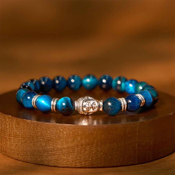 Bracelet d'équilibre tête de Bouddha œil de tigre bleu vert rouge Buddha Stones
