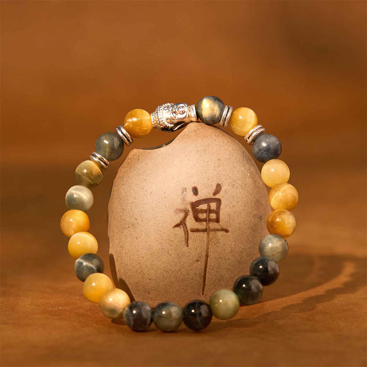 Bracelet d'équilibre tête de Bouddha œil de tigre bleu vert rouge Buddha Stones