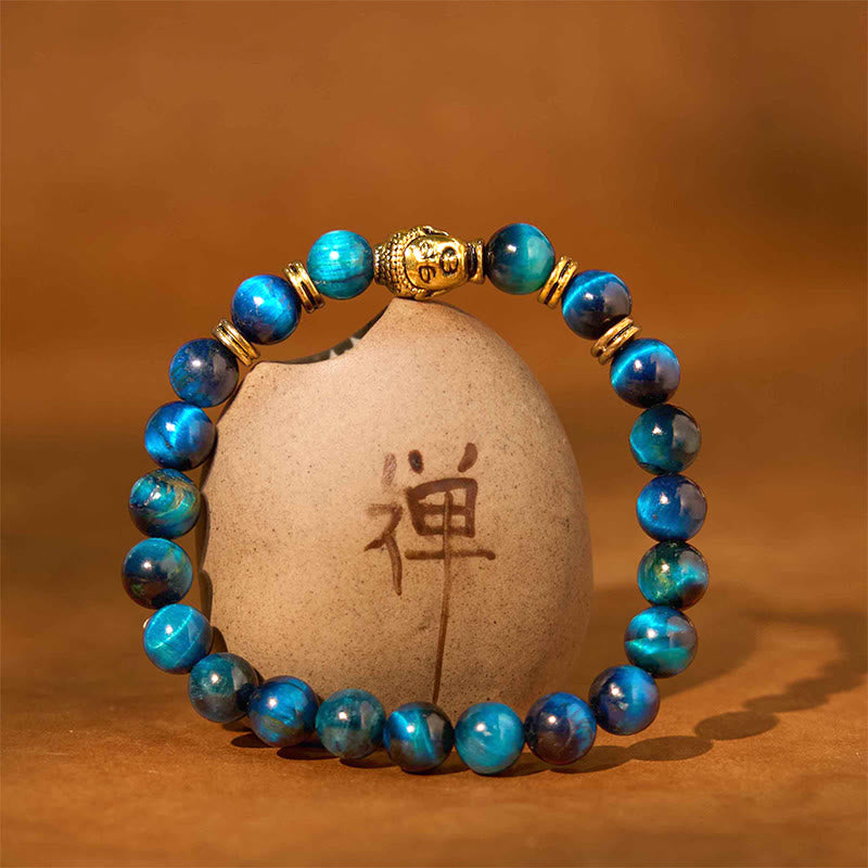 Bracelet d'équilibre tête de Bouddha œil de tigre bleu vert rouge Buddha Stones