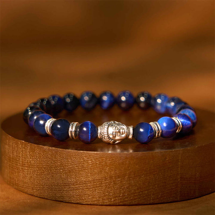 Bracelet d'équilibre tête de Bouddha œil de tigre bleu vert rouge Buddha Stones