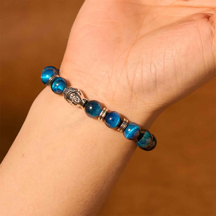 Bracelet d'équilibre tête de Bouddha œil de tigre bleu vert rouge Buddha Stones
