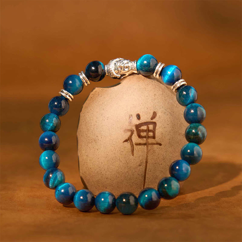 Bracelet d'équilibre tête de Bouddha œil de tigre bleu vert rouge Buddha Stones