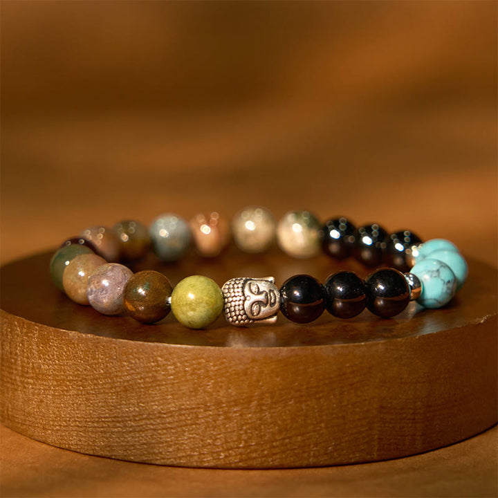 Bracelet de protection de tête de Bouddha en Buddha Stones naturelles en onyx noir et pierre blanche en aventurine verte et œil de tigre