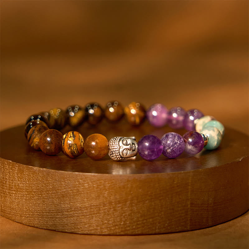 Bracelet de protection de tête de Bouddha en Buddha Stones naturelles en onyx noir et pierre blanche en aventurine verte et œil de tigre