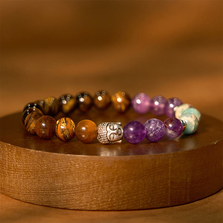 Bracelet de protection de tête de Bouddha en Buddha Stones naturelles en onyx noir et pierre blanche en aventurine verte et œil de tigre