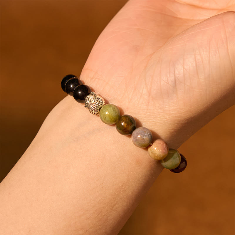 Bracelet de protection de tête de Bouddha en Buddha Stones naturelles en onyx noir et pierre blanche en aventurine verte et œil de tigre