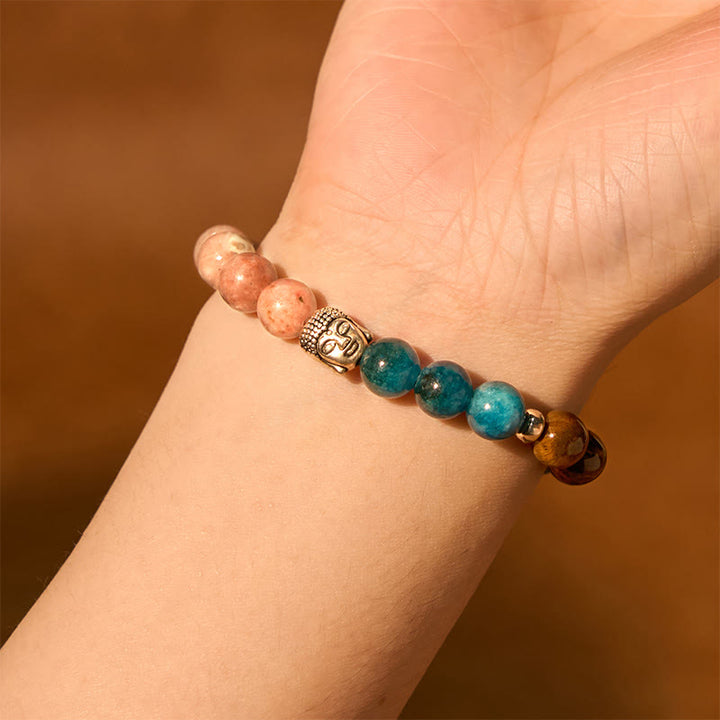 Bracelet de protection de tête de Bouddha en Buddha Stones naturelles en onyx noir et pierre blanche en aventurine verte et œil de tigre