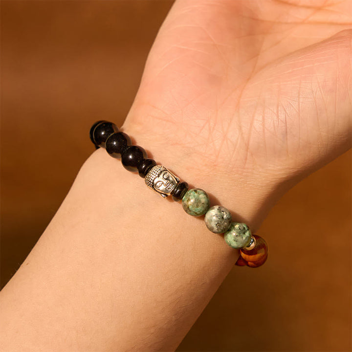 Bracelet de protection de tête de Bouddha en Buddha Stones naturelles en onyx noir et pierre blanche en aventurine verte et œil de tigre
