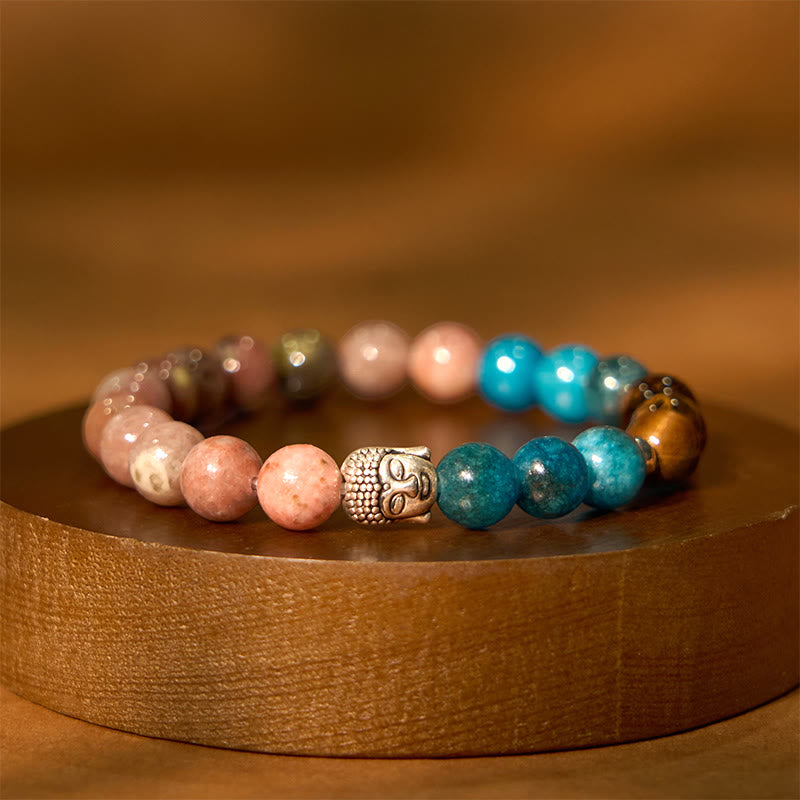 Bracelet de protection de tête de Bouddha en Buddha Stones naturelles en onyx noir et pierre blanche en aventurine verte et œil de tigre