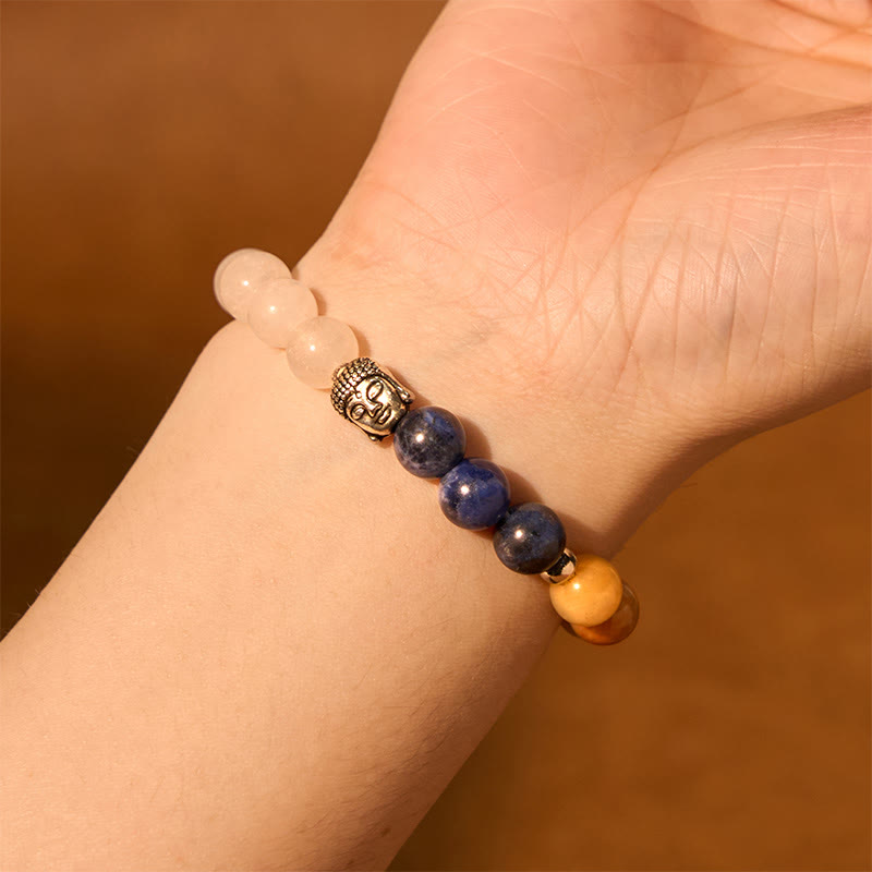 Bracelet de protection de tête de Bouddha en Buddha Stones naturelles en onyx noir et pierre blanche en aventurine verte et œil de tigre