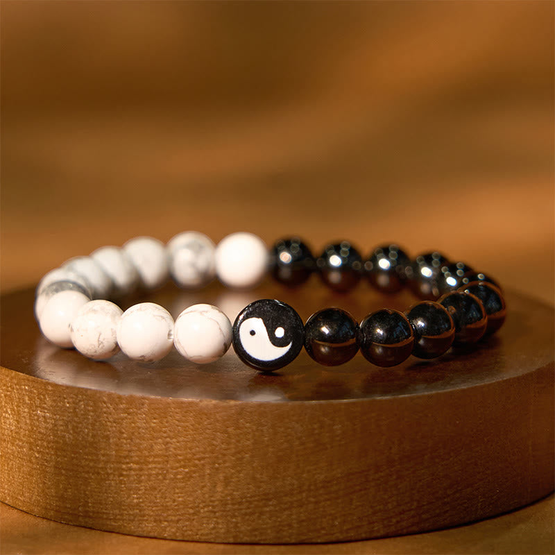 Bracelet de force Yinyang Tai Chi en obsidienne naturelle et turquoise blanche en Buddha Stones