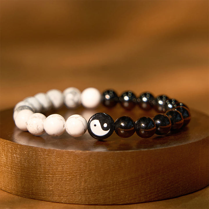 Bracelet de force Yinyang Tai Chi en obsidienne naturelle et turquoise blanche en Buddha Stones