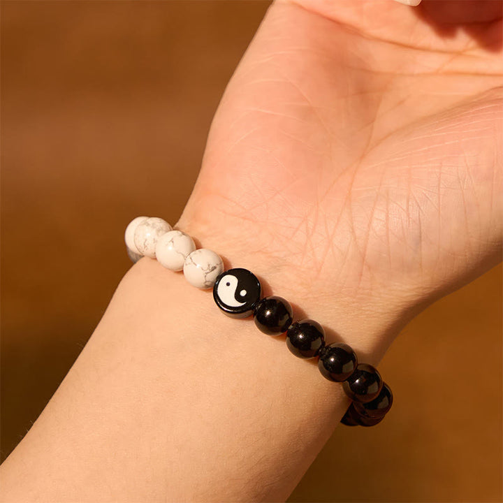 Bracelet de force Yinyang Tai Chi en obsidienne naturelle et turquoise blanche en Buddha Stones