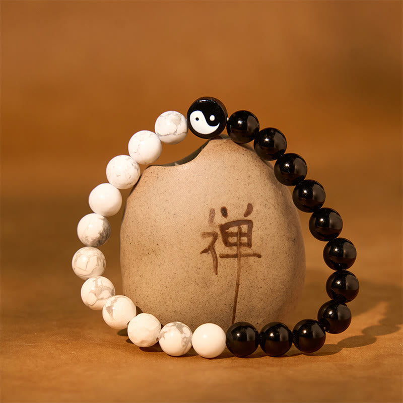 Bracelet de force Yinyang Tai Chi en obsidienne naturelle et turquoise blanche en Buddha Stones