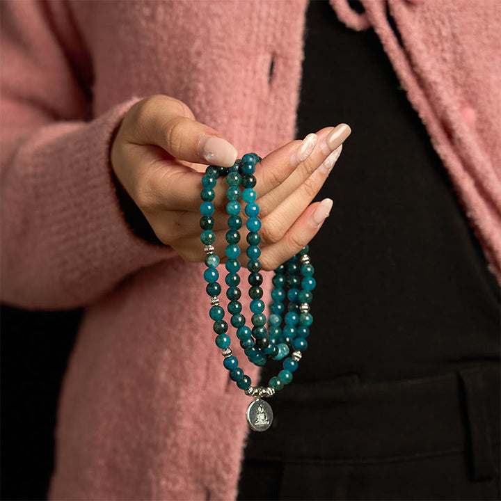 Bracelet Bouddha Lotus 108 Buddha Stones Mala en apatite avec pierres de Bouddha Om L'arbre de vie