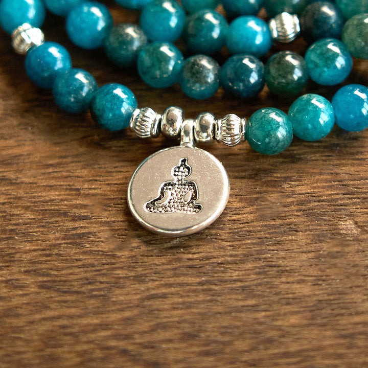 Bracelet Bouddha Lotus 108 Buddha Stones Mala en apatite avec pierres de Bouddha Om L'arbre de vie