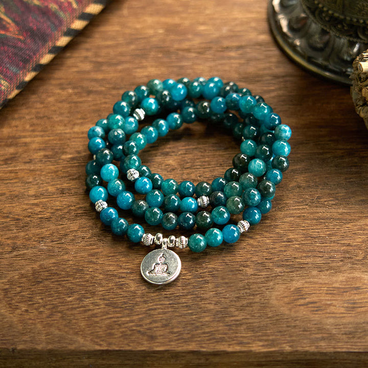 Bracelet Bouddha Lotus 108 Buddha Stones Mala en apatite avec pierres de Bouddha Om L'arbre de vie