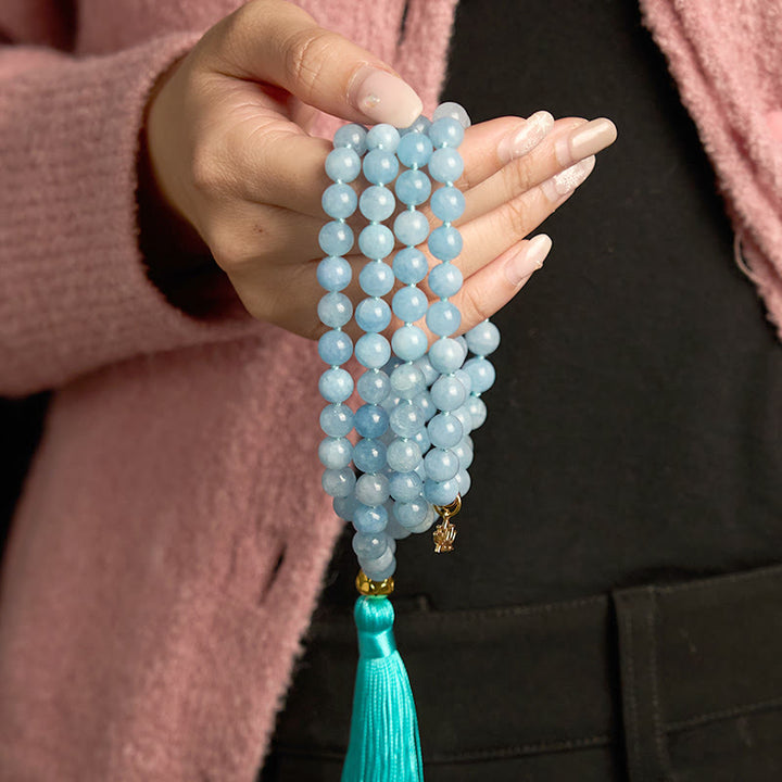 Bracelet de guérison en pierre naturelle aigue-marine avec 108 perles de Mala Buddha Stones